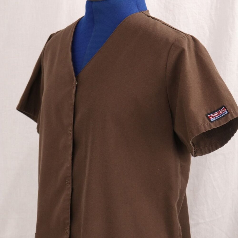 Cherokee Workwear Authentic Scrubs Brown Snap Front Top XS Lab Medical Uniform S - Picture 8 of 10